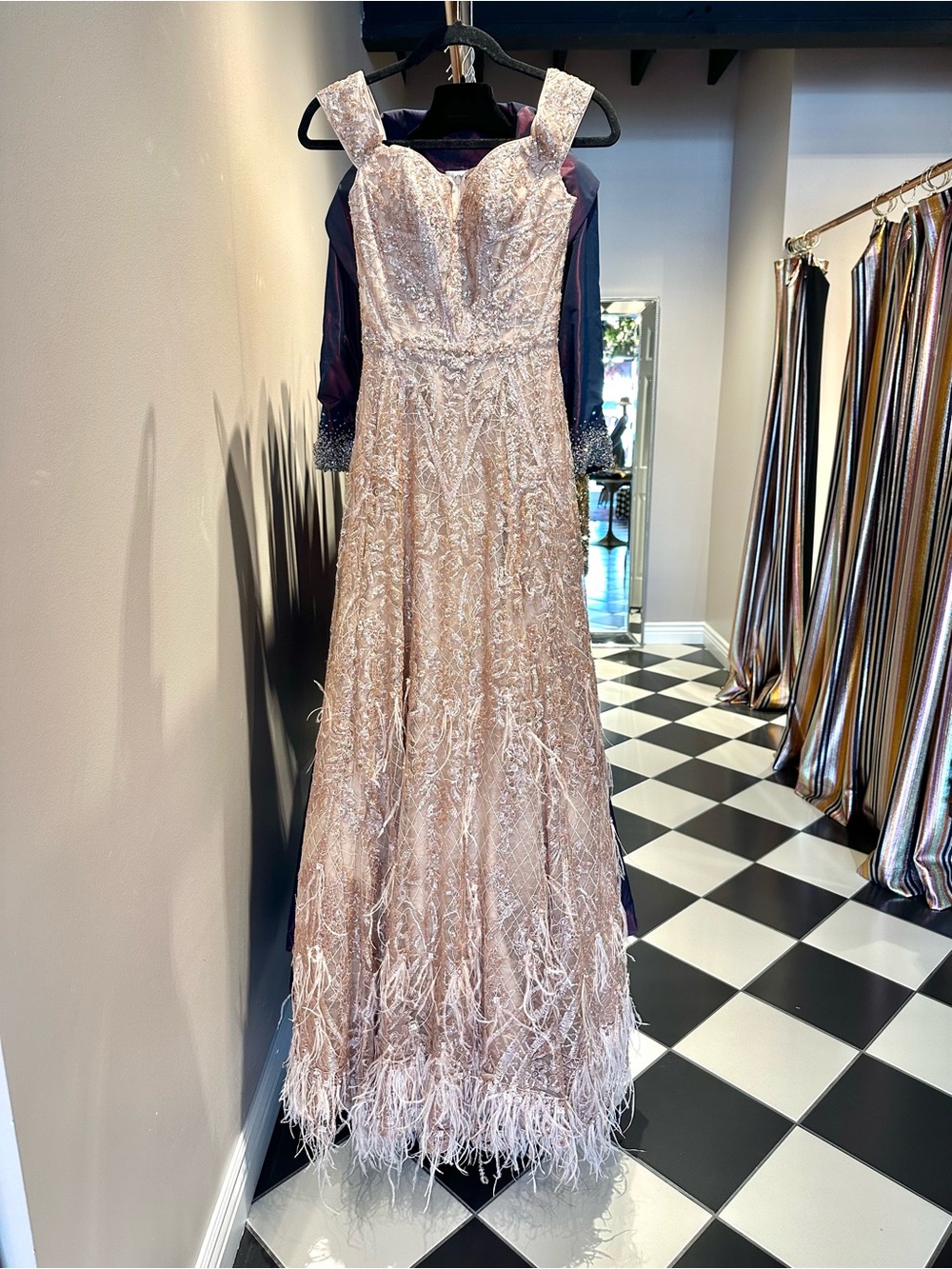 Sherri Hill Blush Feather-Trim Lace Evening Gown